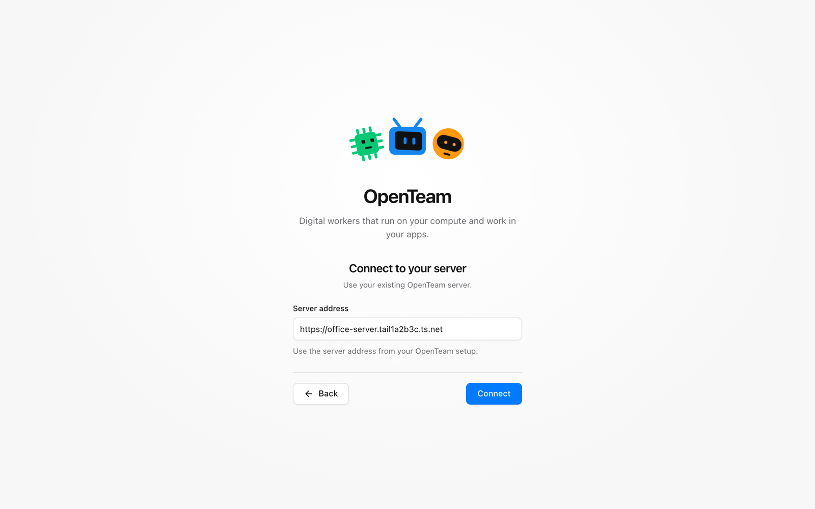 The OpenTeam desktop sign-in screen, Connect to your server, with https://office-server.tail1a2b3c.ts.net in the Server address field