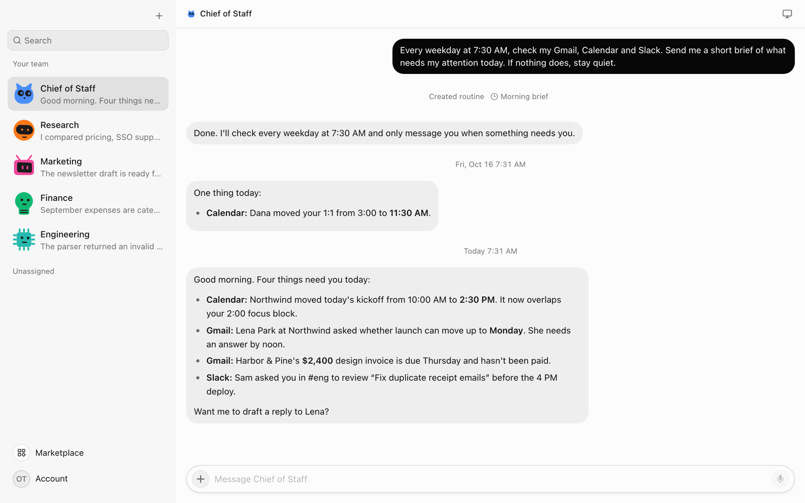 The OpenTeam chat with the morning brief routine: a one-item brief on Friday, nothing on Monday, and on Tuesday a four-item brief covering a moved meeting, a customer email, an unpaid invoice and a Slack review request, ending with an offer to draft a reply