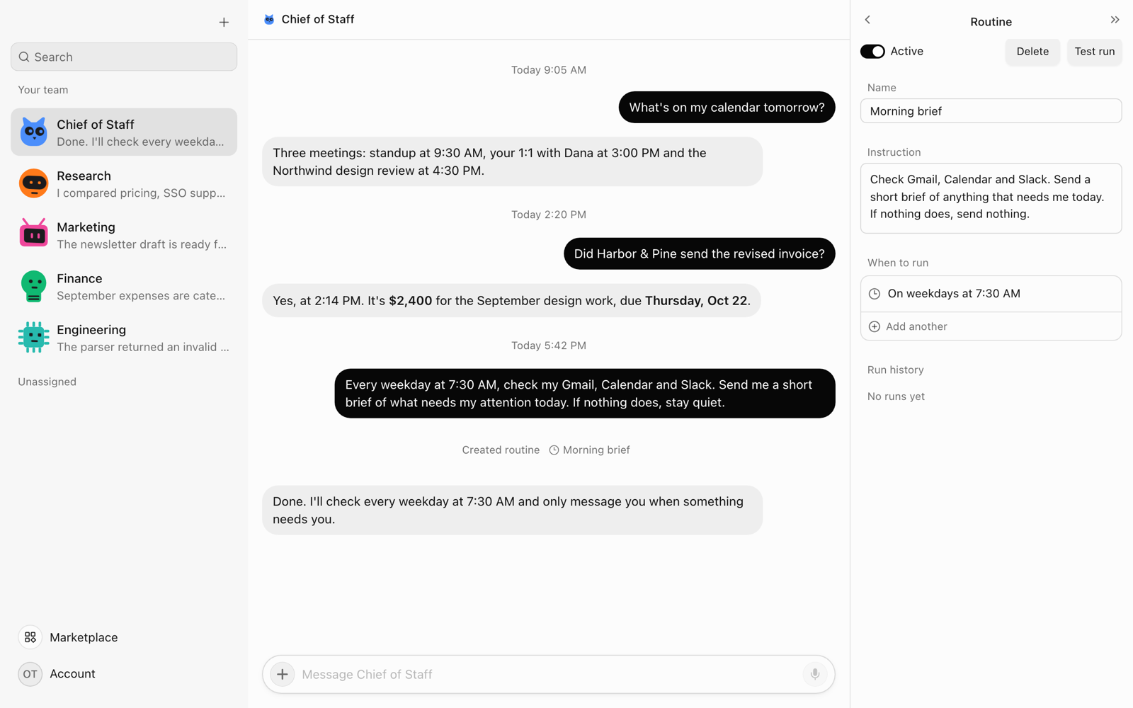 The OpenTeam desktop app: a Chief of Staff bot's chat where the user asks for a weekday 7:30 AM brief of Gmail, Calendar and Slack, a Created routine line, and a Routine panel showing Morning brief, On weekdays at 7:30 AM, and No runs yet