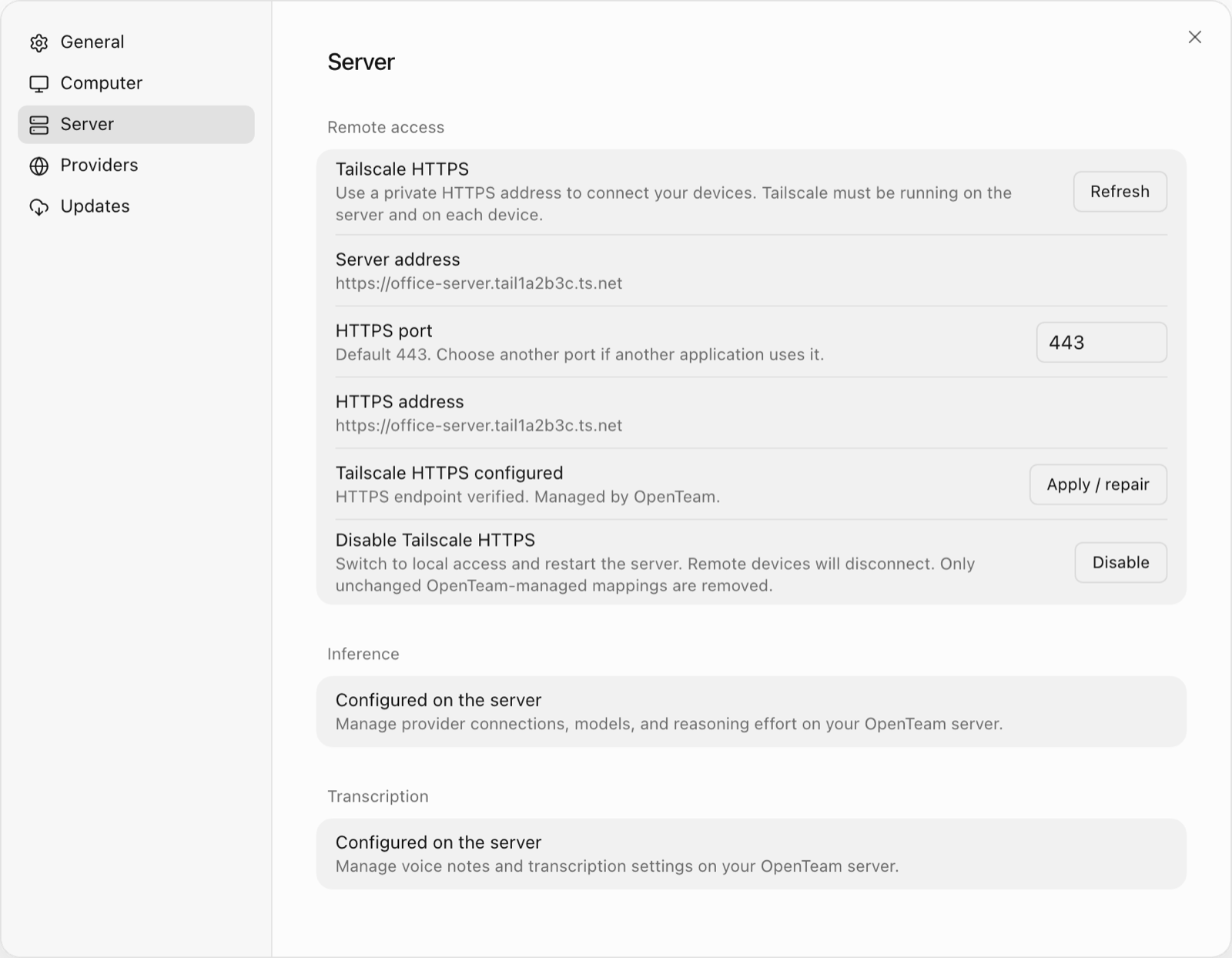 The Remote access section after enabling, reading Tailscale HTTPS configured, HTTPS endpoint verified, Managed by OpenTeam, with Apply / repair and Disable buttons