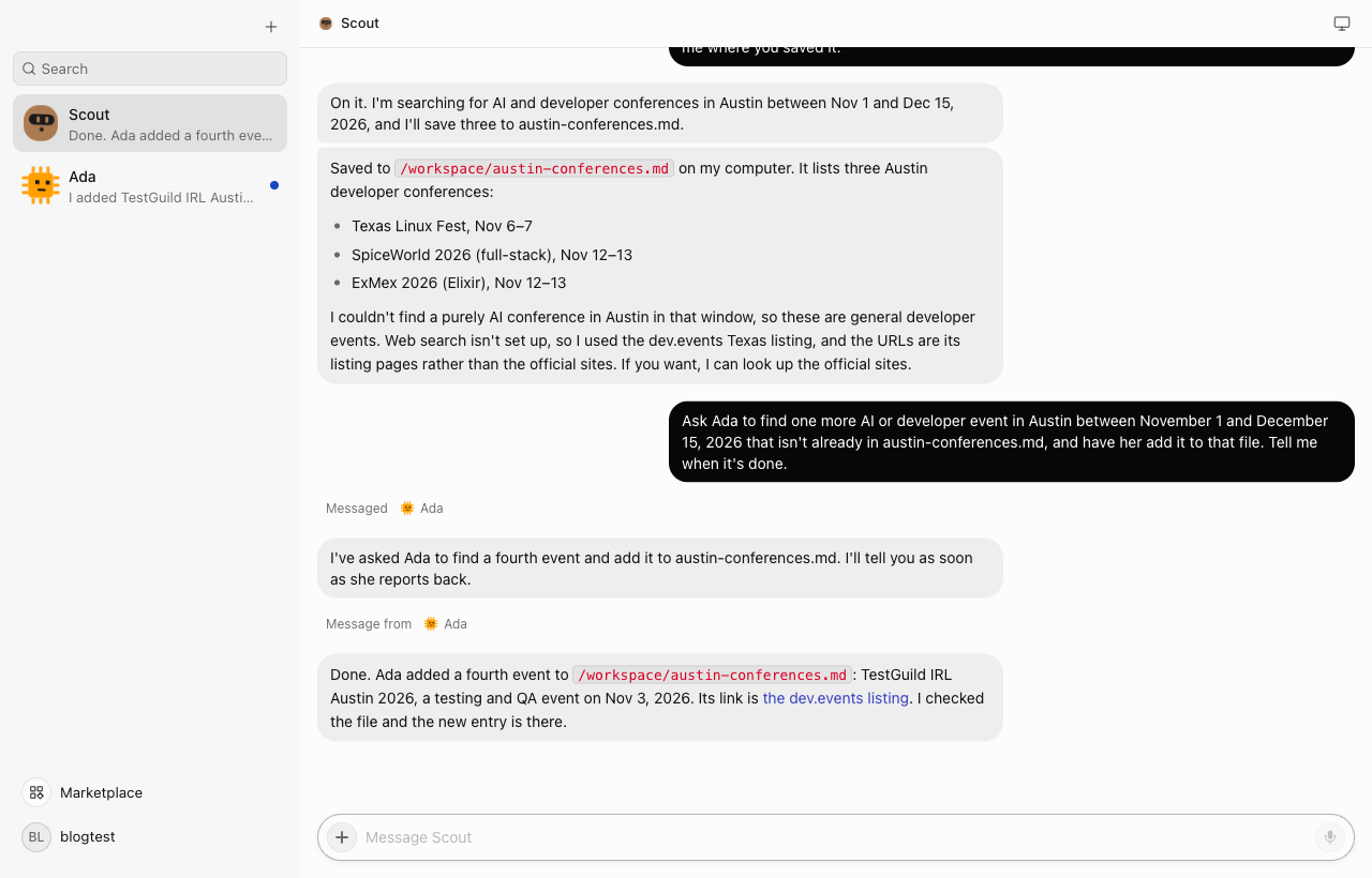 The OpenTeam desktop app with Scout's chat: three saved Austin events, then a Messaged Ada marker, a Message from Ada marker and Scout's confirmation of the fourth event