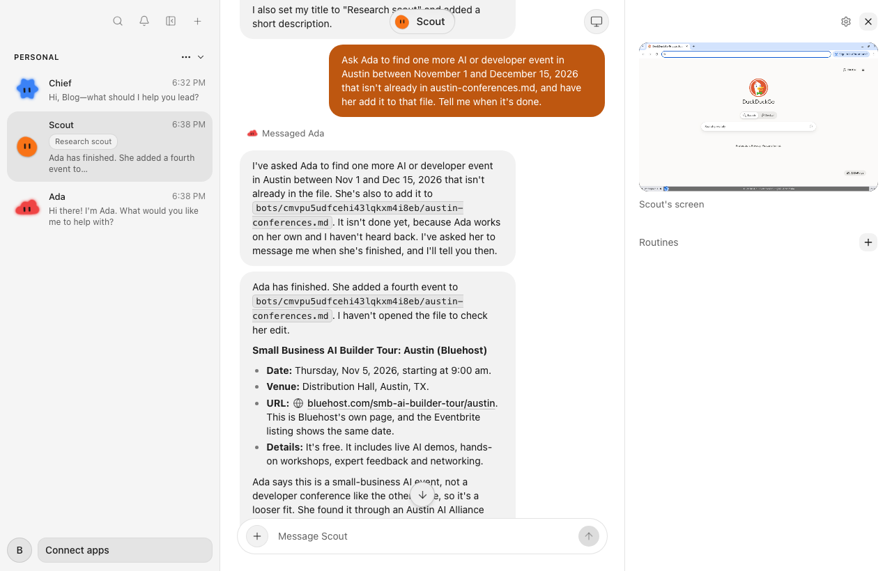 Rakazo's web app with Scout's chat on the left and a side panel showing Scout's screen, a Chromium window on DuckDuckGo, and a Routines section