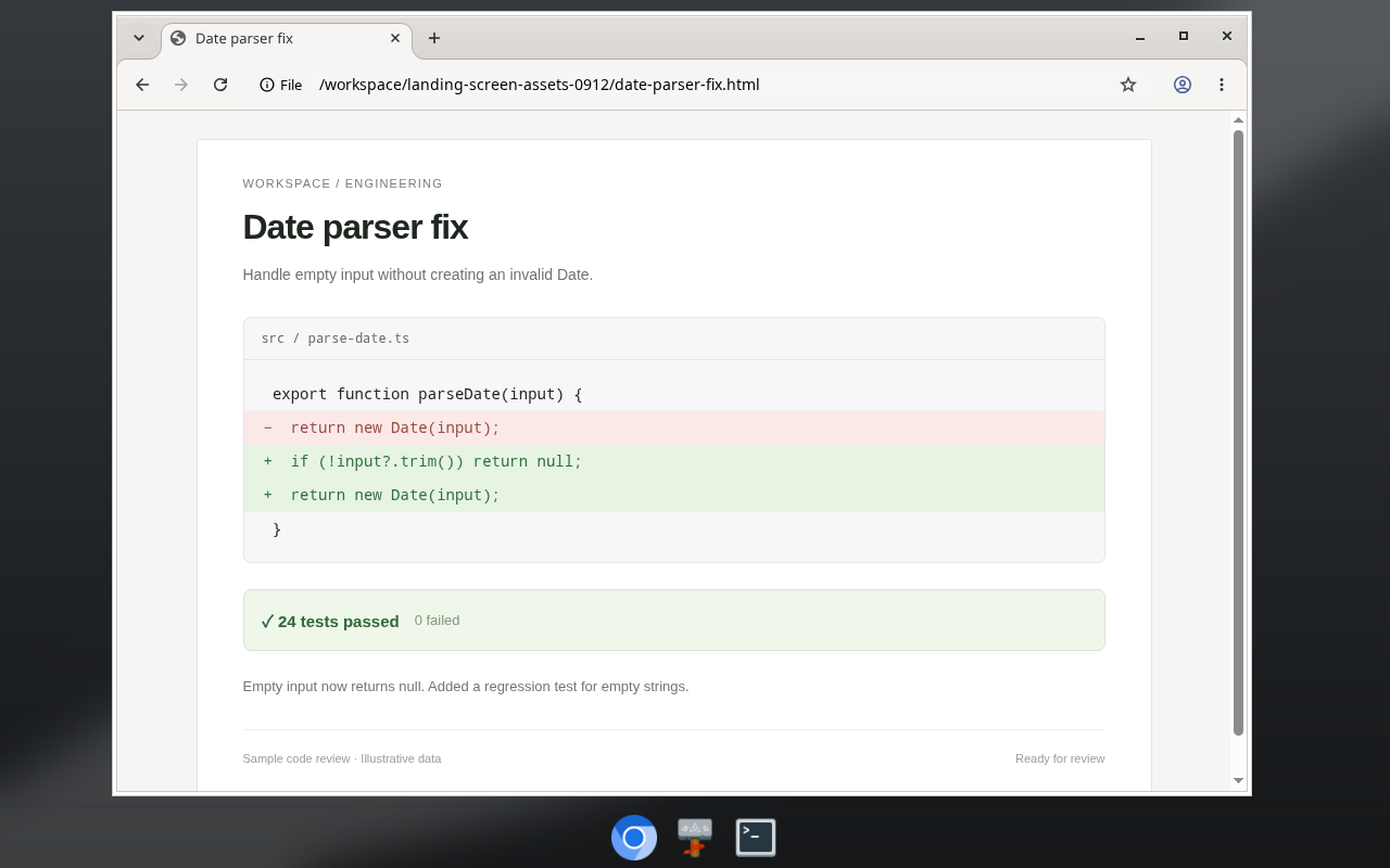 A bot's desktop with Chromium showing a sample date parser fix with a one-line diff and 24 passing tests